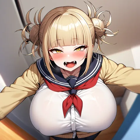 toga himiko,1girl,solo,Females in heat,blush,blonde hair,yellow eyes,narrowed eyes,blunt bangs,open mouth,fangs,,cardigan,long sleeves,neckerchief,red neckerchief,gigantic huge breasts,looking at viewer,Taken from the viewpoint above,upturned eyes,standing...