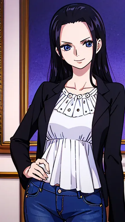 Nico robin, 1girl, solo, looking at viewer, cowboy shot, smiling, black hair, open hair, pirate, blue cerulean eyes, one piece nico robin, blue full jeans, dark purple dress, luxury room background, golden