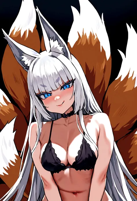 masterpiece, best quality, kitsune 1girl, solo, beautiful kitsune woman, fox ears, bangs, white hair, very long hair, blue eyes, smug, medium breasts, black choker, black bra, black panties,  5 white fox tails, white hair, looking at viewer