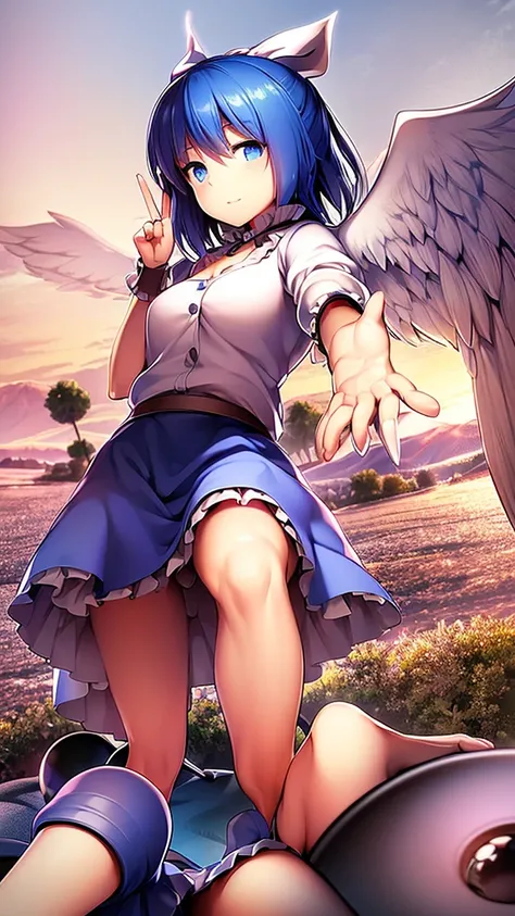 masterpiece, best quality, 1girl, , , 10 years old, medium blue hair, hair flaps, pink ribbon on head, well-formed face, blue eyes, angel girl, white blouse, puffy short sleeves, red ribbon, angel wings, long white skirt, red shoes, frills, ribbon head, fr...