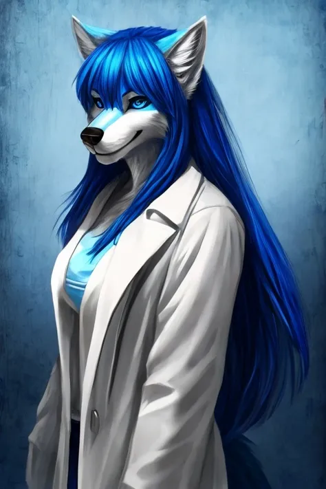 Wolf woman, with big blue hair, white coat, with white tail with blue, with blue eyes,