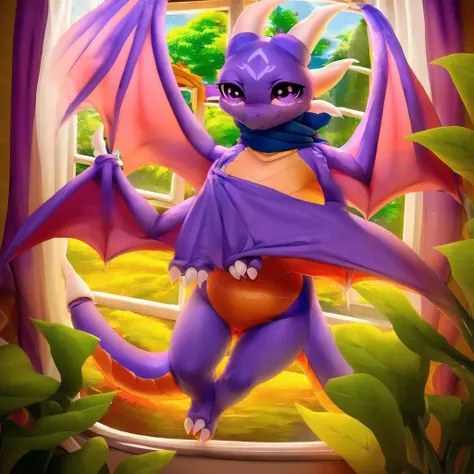 (by ricegnat, by bebebebebe, by prrrrrrmine, by dagasi), (dragon spyro, chibi, spread wings, blue scarf:1.3), (fluffy, purple bo...