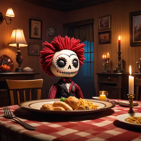 (knitted toy voodoo doll:1.5), (Voodoo Doll in a Dining Room:1.3), (Clothing: dinner attire with checkered patterns:1.0), (Accessories: enchanted fork emitting a warm glow, floating dishes:1.1), (background: homely dining room with a set table, family port...