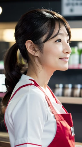 (in 8K、Raw photography、Highest Quality、realisitic、Photorealsitic, Light on Face, Gray background, upper body shot), 35 year old Japanese woman, average appearance, fast food uniform, Serving customers at the store:1.6, Talking:1.9, mouth open:1.3, I have a...