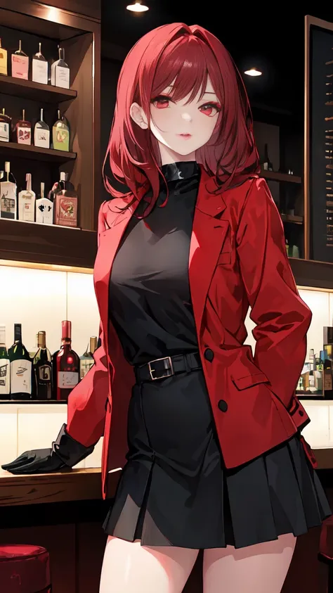 woman with dark red hair, with red eyeliner, makeup, light lipstick, red jacket, black gloves, tight and smooth black skirt, black shirt, in front of a bar