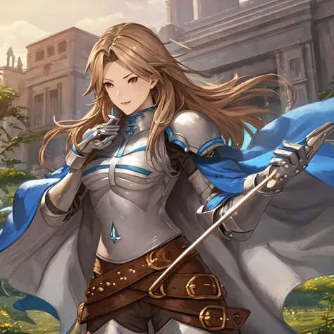 katalina (granblue fantasy), armor, gauntlets, belt, breastplate, shoulder armor, cape, pauldrons, pants, forest, city