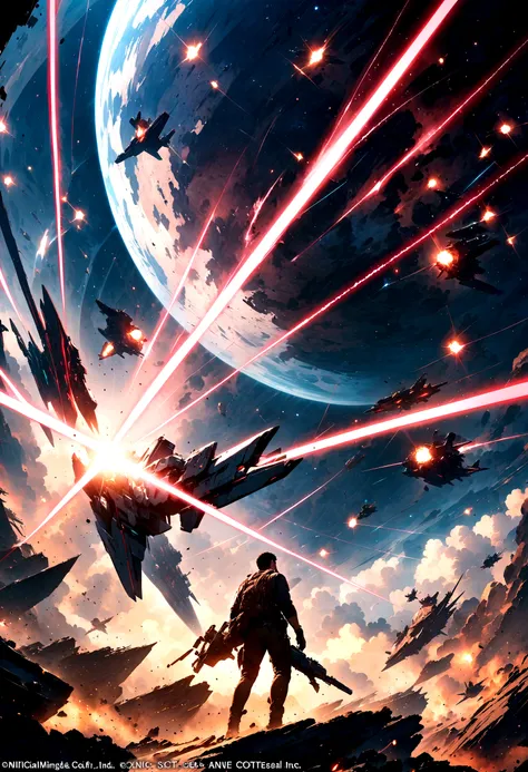 (masterpiece, top quality, best quality, official art, beautiful and aesthetic:1.2), cinematic shot, space warship, war, shootin...