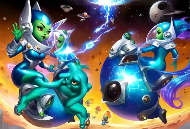 A battle is happening in space. Space fairies (cute women in sparkly blue sexy outfits that leave sparkling magic trails) are shooting lightning at space goblins (hot ugly women, green skin, a little chunky, big tits, wide hips, scrap metal space suits, sc...