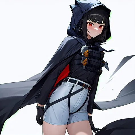 dnikke, long sleeves, hood up, black shirt, gloves, shorts, cloak, belt, tactical clothes