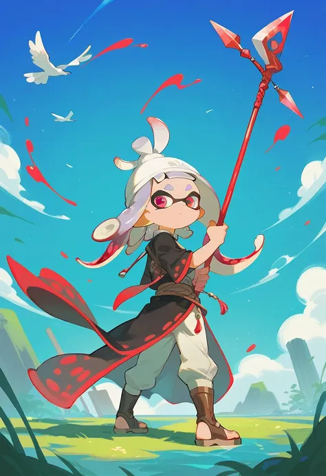 splatoon octolings, surviving in the wild meadow with a spear