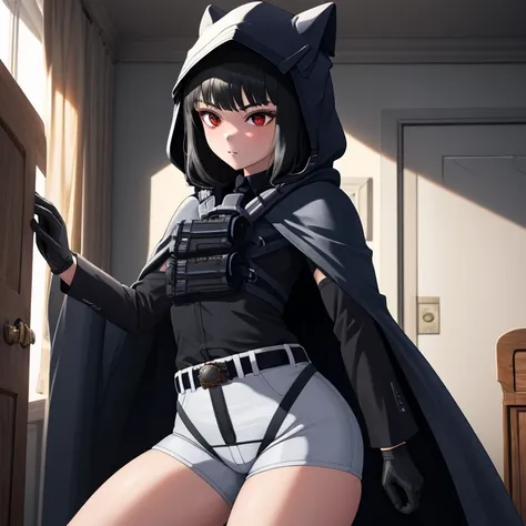 solo, 1girl, dnikke, long sleeves, hood up, black shirt, gloves, shorts, cloak, cape, belt, tactical clothes, room