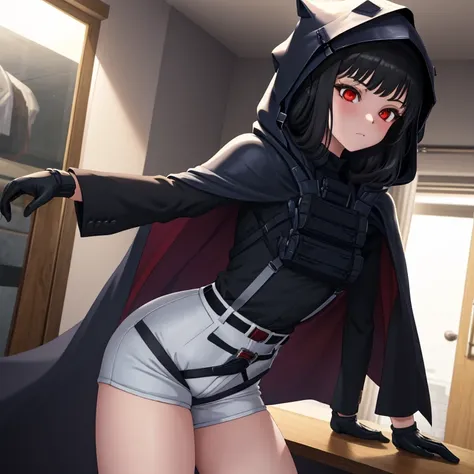 solo, 1girl, dnikke, long sleeves, hood up, black shirt, gloves, shorts, cloak, cape, belt, tactical clothes, room