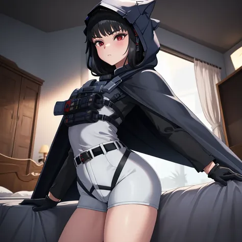 solo, 1girl, dnikke, long sleeves, hood up, black shirt, gloves, shorts, cloak, cape, belt, tactical clothes, room