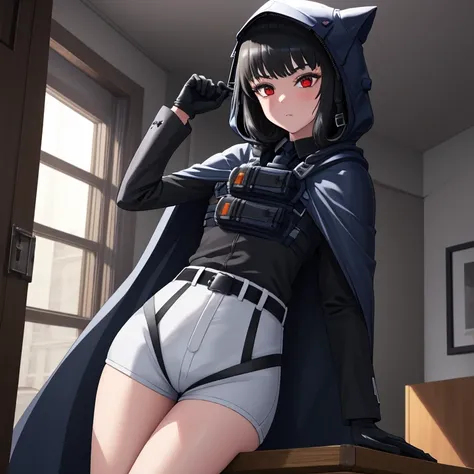 Solo, 1girl, dnikke, long sleeves, hood up, black shirt, gloves, shorts, cloak, cape, belt, tactical clothes, room