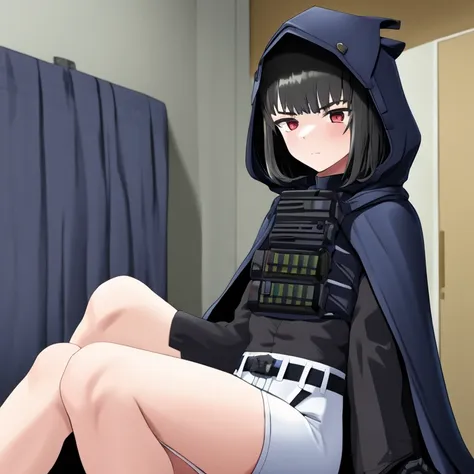 solo, 1girl, dnikke, long sleeves, hood up, black shirt, gloves, shorts, cloak, cape, belt, tactical clothes, room, sitting