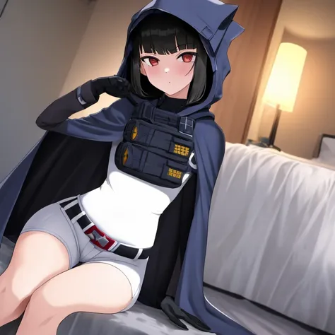 solo, 1girl, dnikke, long sleeves, hood up, black shirt, gloves, shorts, cloak, cape, belt, tactical clothes, room, sitting