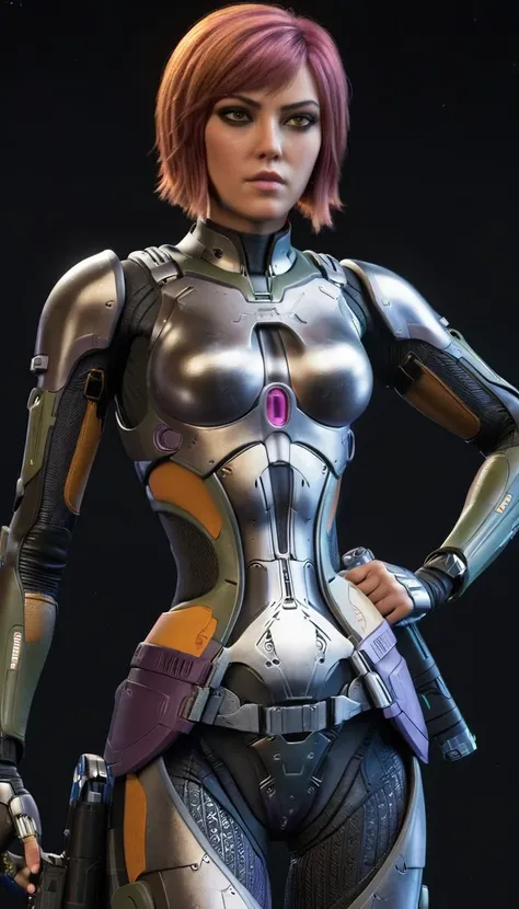 professional 3d model cinematic scene, sabine wren, silver armor (huge breasts), ghost in the shell, detailed background, master...