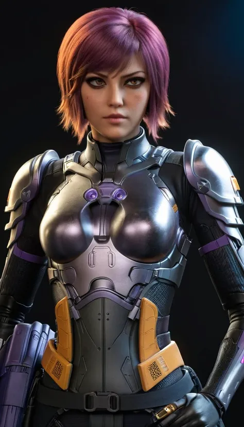 professional 3d model cinematic scene, sabine wren, silver armor (huge breasts), ghost in the shell, detailed background, master...