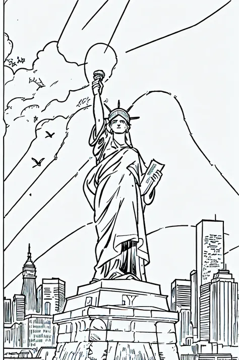 illustration, day time, bright colors. statue of liberty and city sky line, ultra detailed, vector style, photo realistic