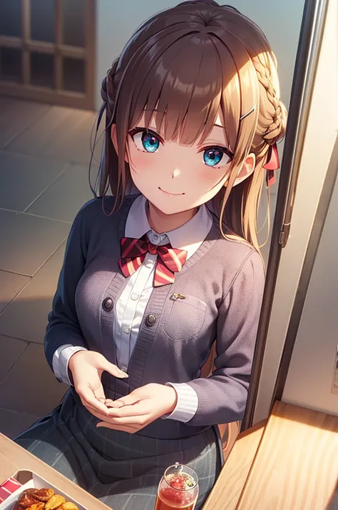 detectivelunch break, Smile, Long hair, Bangs, Red Eyes, shirt, Hair accessories, Long sleeve, skirt, bow, White hair, hairpin, blunt Bangs, bowtie, red bow, x Hair accessories, red bowtie, lunch break, (Medium chest:1.2), rest looking at viewer, rest outs...