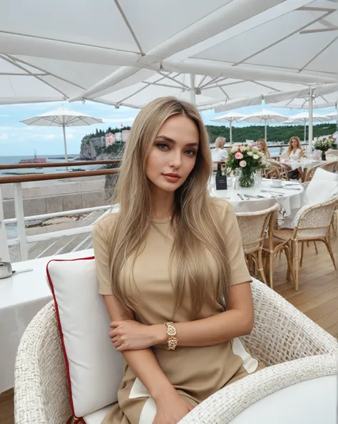 blonde woman sitting on a chair in a restaurant overlooking the ocean., angelina stroganova, victoria gavrilenko, with long blon...