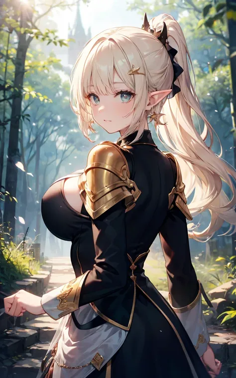 3 girls, (wavy ponytail, hair above shoulder, My hair is very long., My hair is very thick.), Green and blonde hair color, (Beautifully detailed eyes, green and gold eyes, star shaped pupil, Diamond-shaped pupils), elf ears, Forest location, around tall tr...