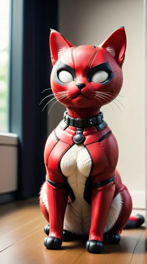 deadpoolstyle cat body, 24mm, (analog, cinematic, film grain:1.3), bokeh dof, (masterpiece:1.3) (best quality:1.2) (high quality...