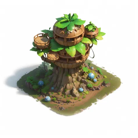 there is a small tree，there is a spherical building on top， contains tree props, game assets of plant and tree, stylized concept...