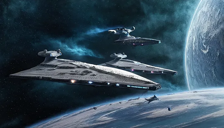 a war between star_wars and star_trek battleships in space environment, starwars, startrek, mfalcon, sdestroyer, enterprise