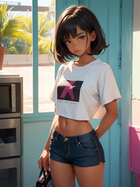 Teen girl 14 years old, beautiful teen boy is wearing a cropped shirt and too very much short mini shorts, the boys legs are beautiful, tanned, bangs, flirty posing, hot summer, top quality, 1girl, 1old man 