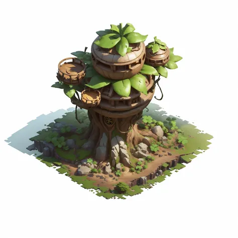 there is a small tree，there is a spherical building on top， contains tree props, game assets of plant and tree, stylized concept...