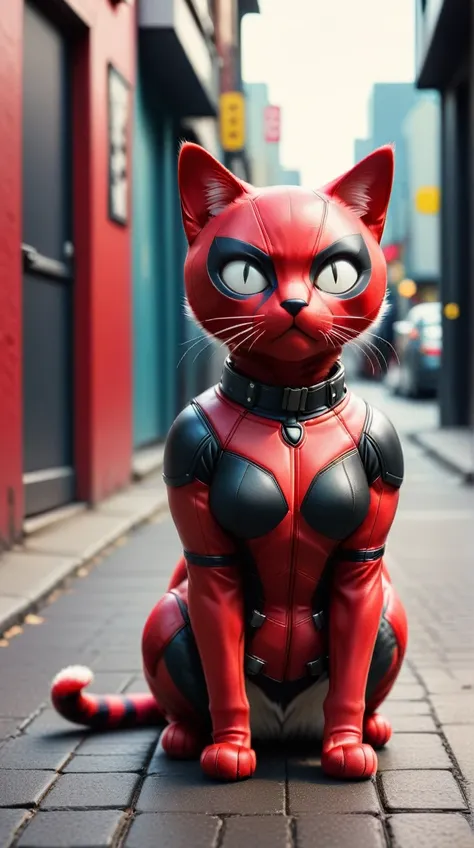 deadpoolstyle cat body, 24mm, (analog, cinematic, film grain:1.3), bokeh dof, (masterpiece:1.3) (best quality:1.2) (high quality...