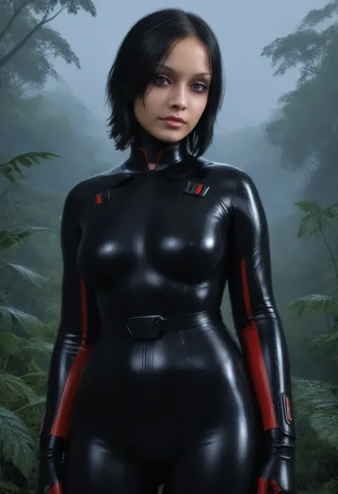 zPDXL, source_anime, BREAK Trilla, helmet with red visor, , armor,black gloves,tight bodysuit,,black pants, BREAK close-up, solo, standing, front view, medium breasts, , wide hips, BREAK x3dce, 3d, jungle background, dense vegetation, rain, night, night sk...