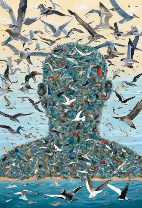 In the center is a human head made of marine garbage, surrounded by seagulls in the sky, an inspiration for protecting marine ecology.