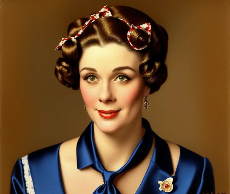 there is a woman with curlers on her head and a tie around her neck, in Norman Rockwell style, realistic studio portrait, norman rockwell style, real life portrait, inspired by Norman Rockwell, non-craola style portrait, portrait n - 9, Norman Rockwell sty...