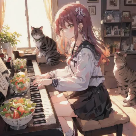 Anime girl playing piano with a bowl of vegetable salad and a cat, smile,80s atmosphere,Lo-fi Girl, Lofi Art, Portrait of Rofi, Lofi Artstyle, Lofi Color, Cool vibes, Anime Style 4k, Anime atmosphere, Cool vibe, lofi album art, Chill Hop, Lo-fi feeling, Lo...