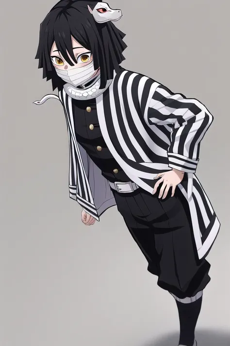 masterpiece, best quality, highres, 1girl obanai, demon slayer uniform vertical stripes jacket black pants, white snake, mask hand on hip, female focus 