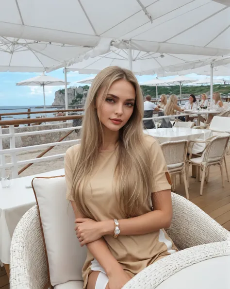 Blonde woman sitting on a chair in a restaurant overlooking the ocean., Angelina Stroganova, Victoria Gavrilenko, with long blonde hair, Alina Ivánchenko, Anastasia Ovchinnikova, brunette with dyed blonde hair, Aleksandra Waliszewska, Julia Gorokhova, Styl...