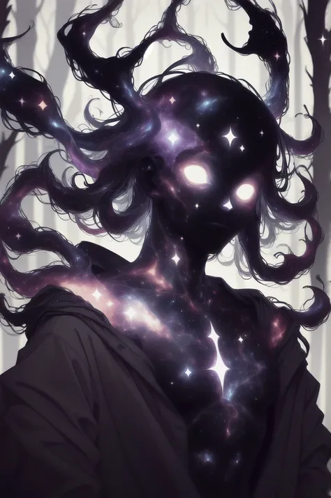 dark celestialskin body , void cosmic body, colored skin, flat color, jet black skin, white cloak, silhouette,1boy, 
portrait, upper body,in a forest ,