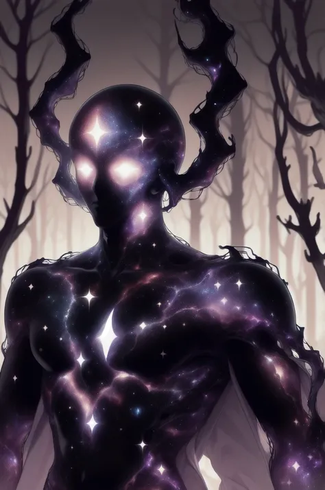 dark celestialskin body , void cosmic body, colored skin, flat color, jet black skin, white cloak, silhouette,1boy, 
portrait, upper body,in a forest ,