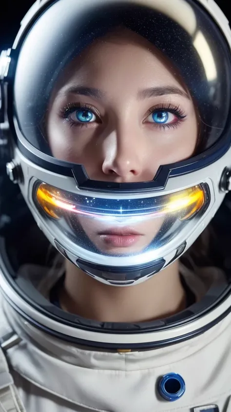 a close-up of a female astronaut with heterochromia eyes, messy silver hair, wearing a space helmet, eyes with colored stars, glowing light, and large lips, highly detailed, masterpiece, (best quality,4k,8k,highres,masterpiece:1.2),ultra-detailed,(realisti...