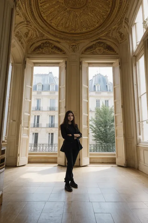 her name is Annie, high quality, 1girl, ((20-year-old fit Caucasian woman)), ((20 years old)), ((fit)) black long hair, pose: standing, wearin unique g gen Z modern wear, BACKGROUND: "From a charming Parisian studio, boasting high ceilings, ornate moldings...