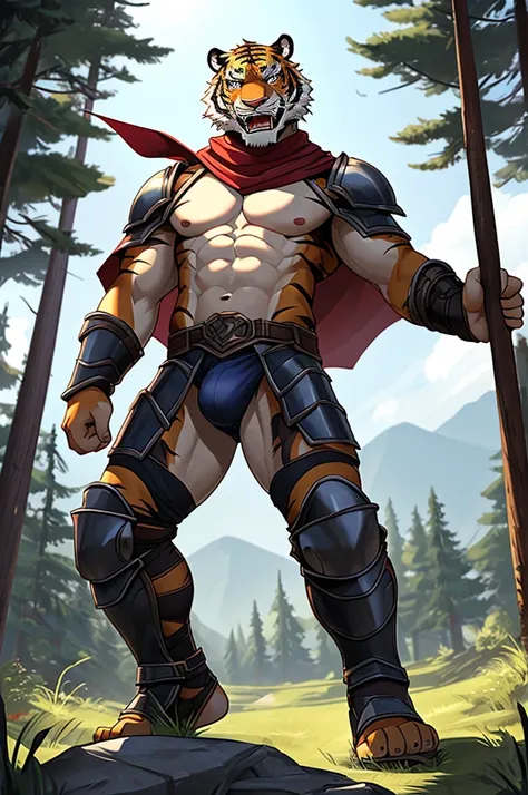 Tiger,Young Adults,Strong,handsome,warrior,Sexy body,毛茸茸的Tiger爪,Scantily clad(Scapula,Armor knee pads,Crotch bulge,The genitals are extremely prominent,The outline of the genitals is clearly visible,Red torn shawl,Bare chest and abdomen,Bare thighs,barefoo...