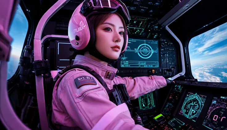 One girl, (Beautiful Face), Female fighter jet pilot, Holding a pilot pink helmet with LED interactive screen and HUD head up display on the visor, Visor-displayed targeting system, Communication Systems, 赤いGlasses、Close the visor, Sexy pose, Floating Hair...