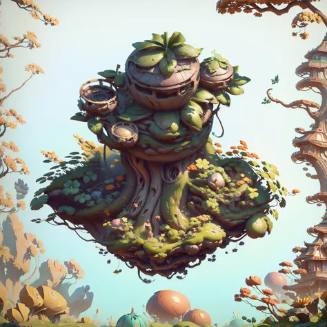 there is a big tree，there is a spherical building on top， contains tree props, game assets of plant and tree, stylized concept a...