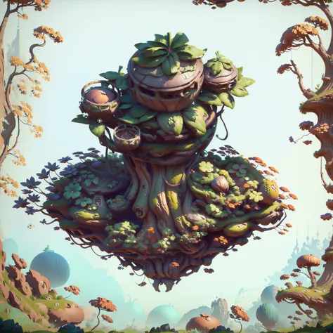 there is a big tree，there is a spherical building on top， contains tree props, game assets of plant and tree, stylized concept a...