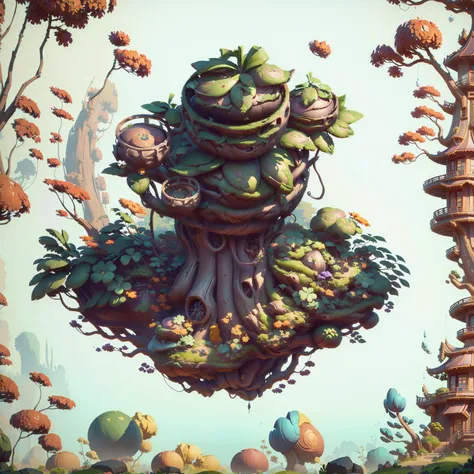 there is a big tree，there is a spherical building on top， contains tree props, game assets of plant and tree, stylized concept a...