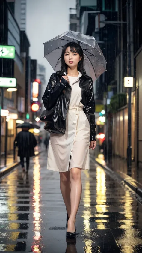 front view, A young woman is walking in the rain with an umbrella,rain, in Tokyo, (masterpiece, highest quality, Very detailed, Ultra-high resolution, (photopractical:1.4), Original photo, (practical:0.2), 8K )