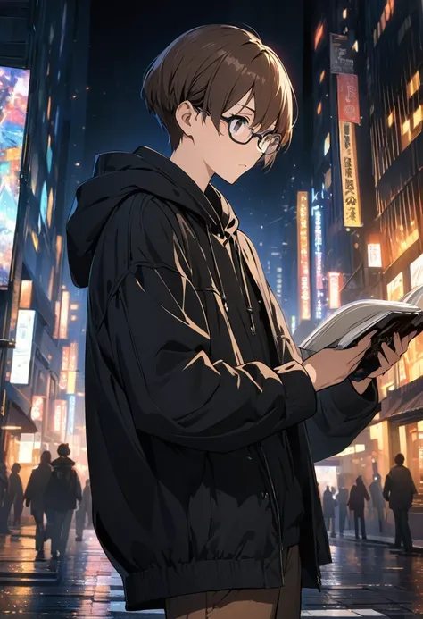 (BEST QUALITY), (MASTERPIECE), illustration, Extremely_detail, 4k wallpaper , midnight, man, black hoodie parka, brown jeans, 18 years old , brown Hair, short hair, black eyes, eye glasses, reading a book, stand on street, smart, Background of the city