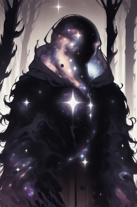 dark celestialskin body , void cosmic body, colored skin, flat color, jet black skin, white cloak, silhouette,1boy, 
portrait, upper body,in a forest ,